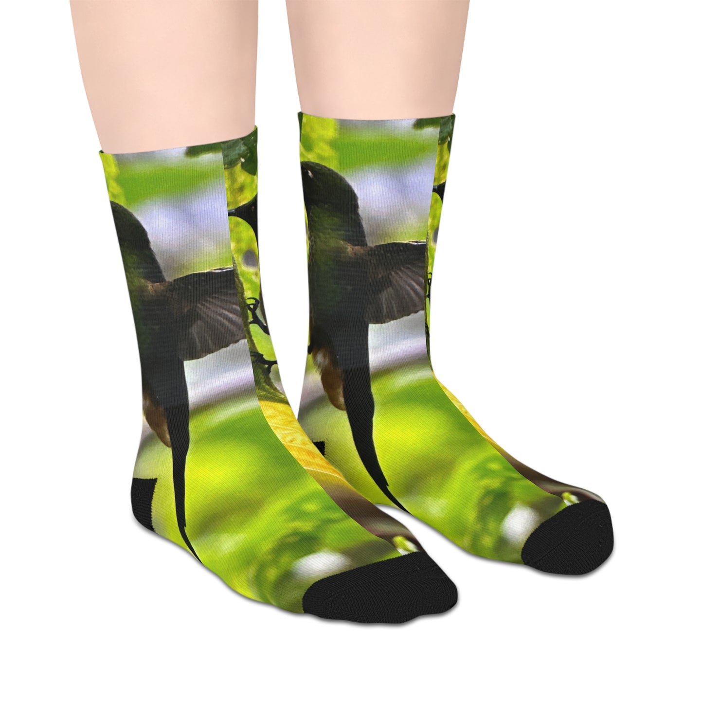 Hummingbird & Yellow Flower Mid-Length Socks — Nature Floral Crew Socks