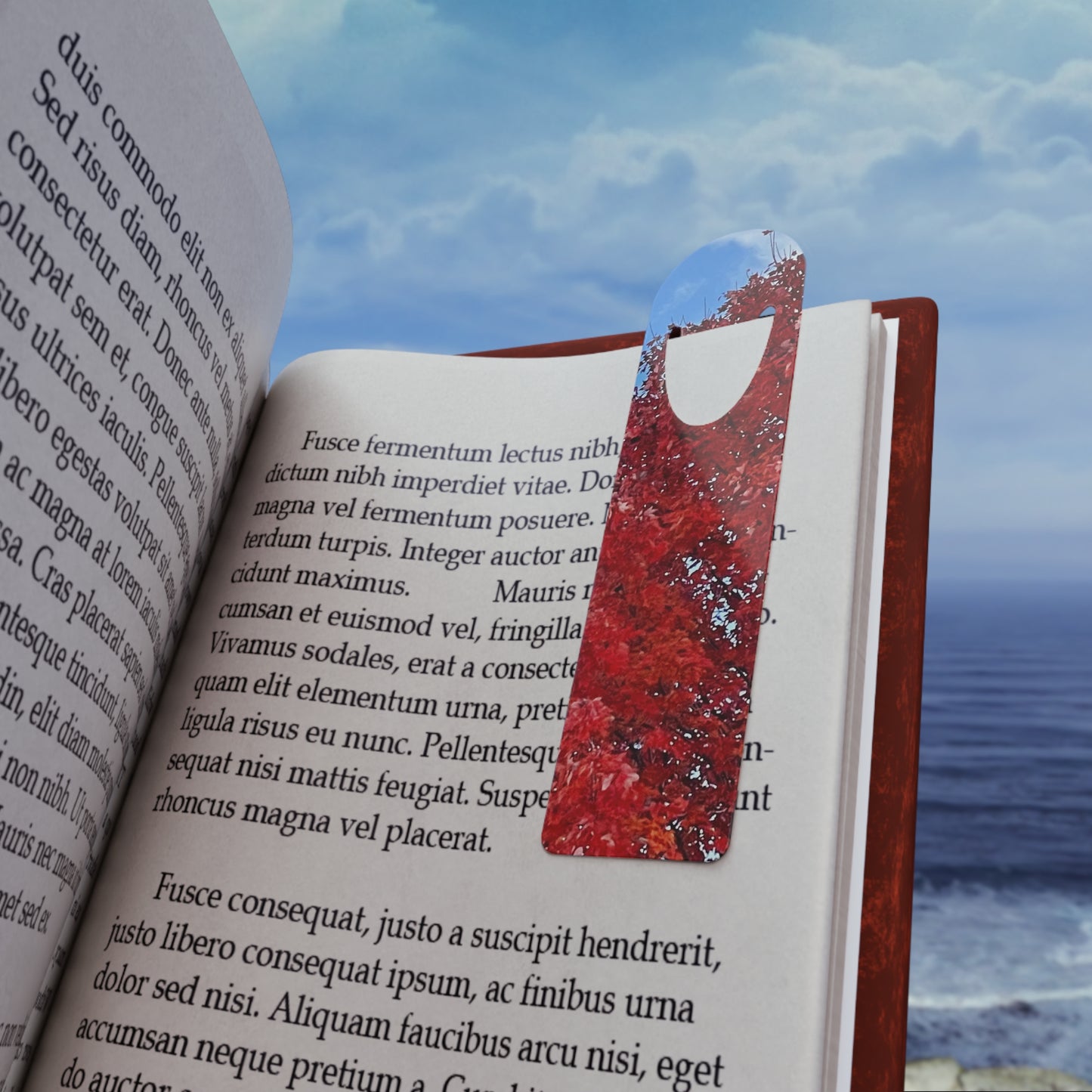 Autumn Red Maple Metal Bookmark — Scenic Fall Leaves Bookmark