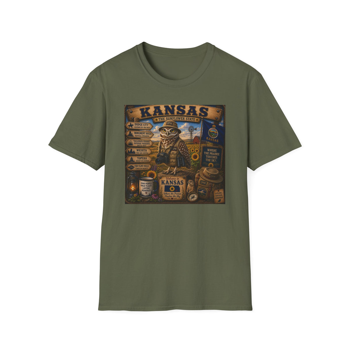 Kansas Vintage State Map T‑Shirt — Sunflower State Owl Design