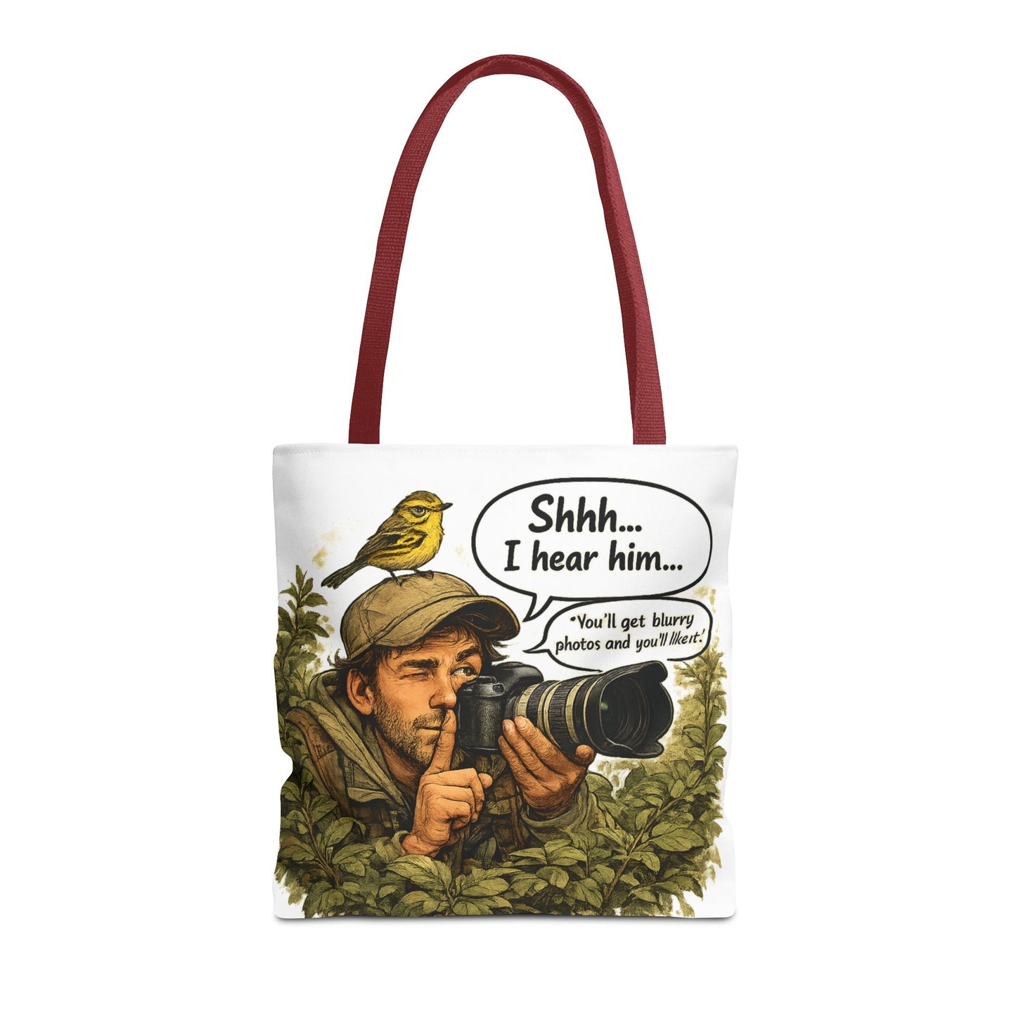 Wildlife Photographer Tote Bag – "Shhh... I hear him" Birdwatching Camera Print