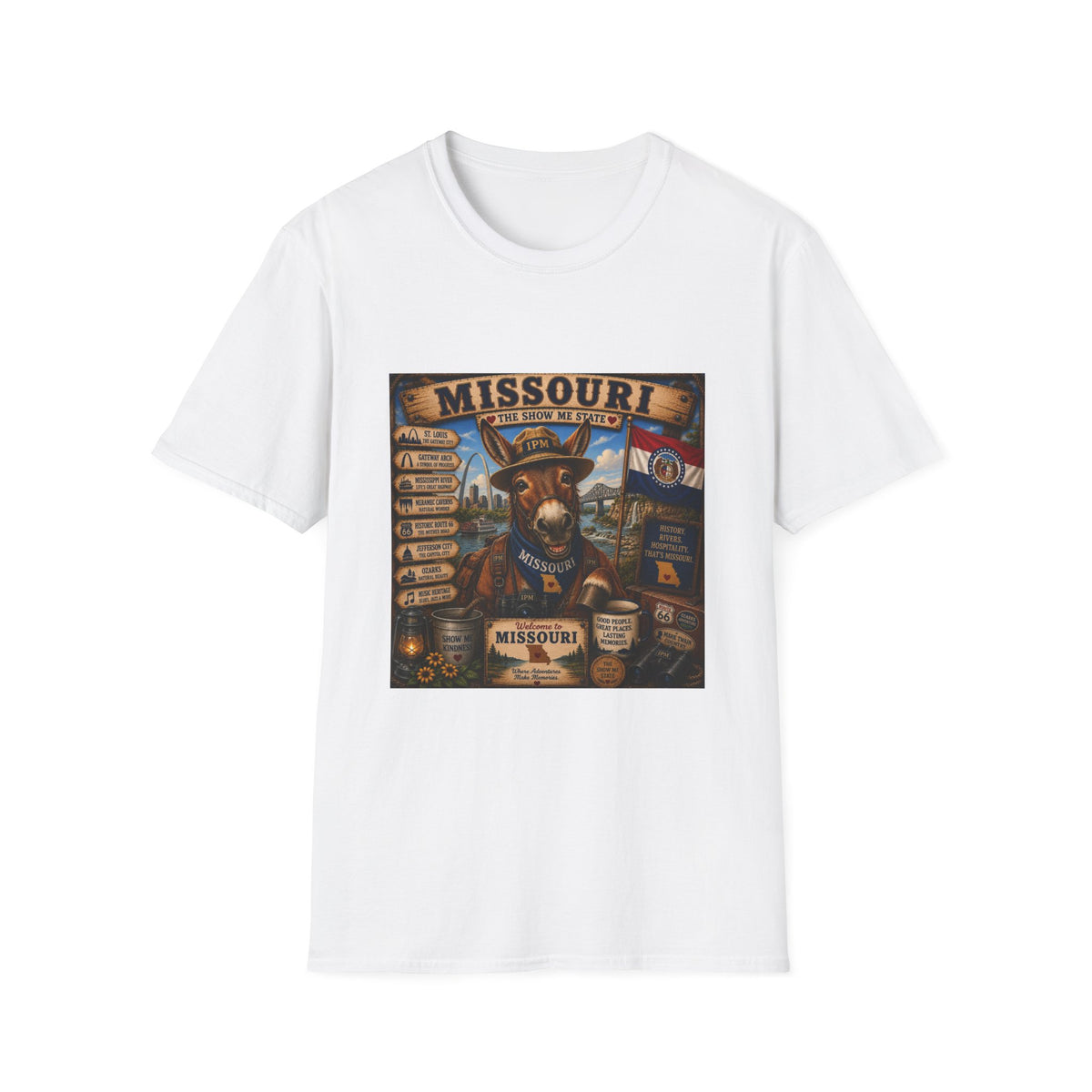 Missouri Vintage Donkey T-Shirt — State Map, Landmarks & Flag Graphic
