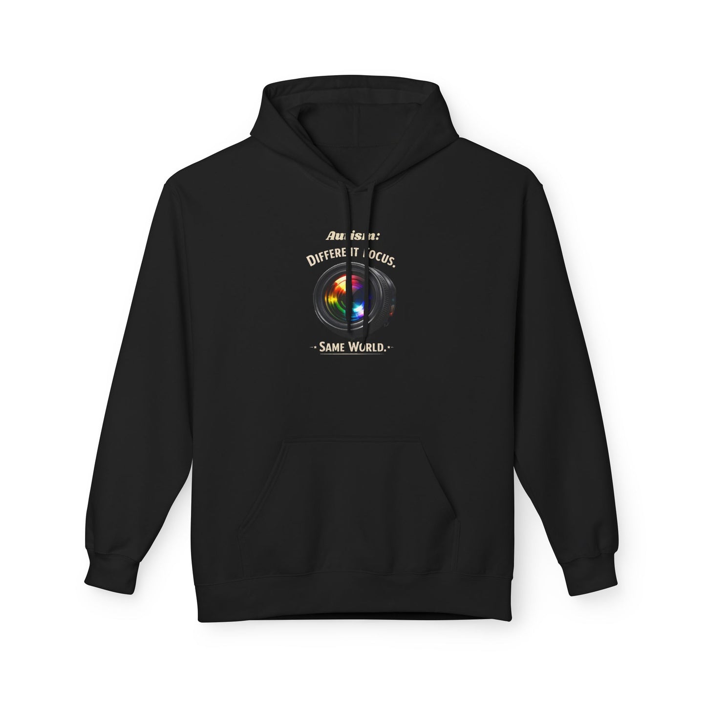 Hoodie — 'Different Not Less, Same World' Rainbow Eye Graphic