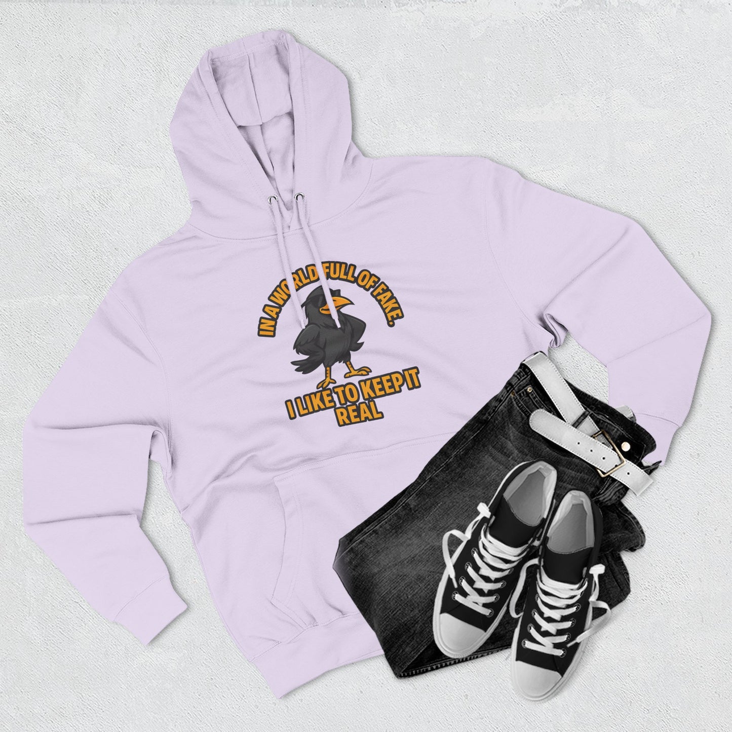 Three-Panel Hoodie — Funny Ostrich "I Like to Keep It Real" Graphic