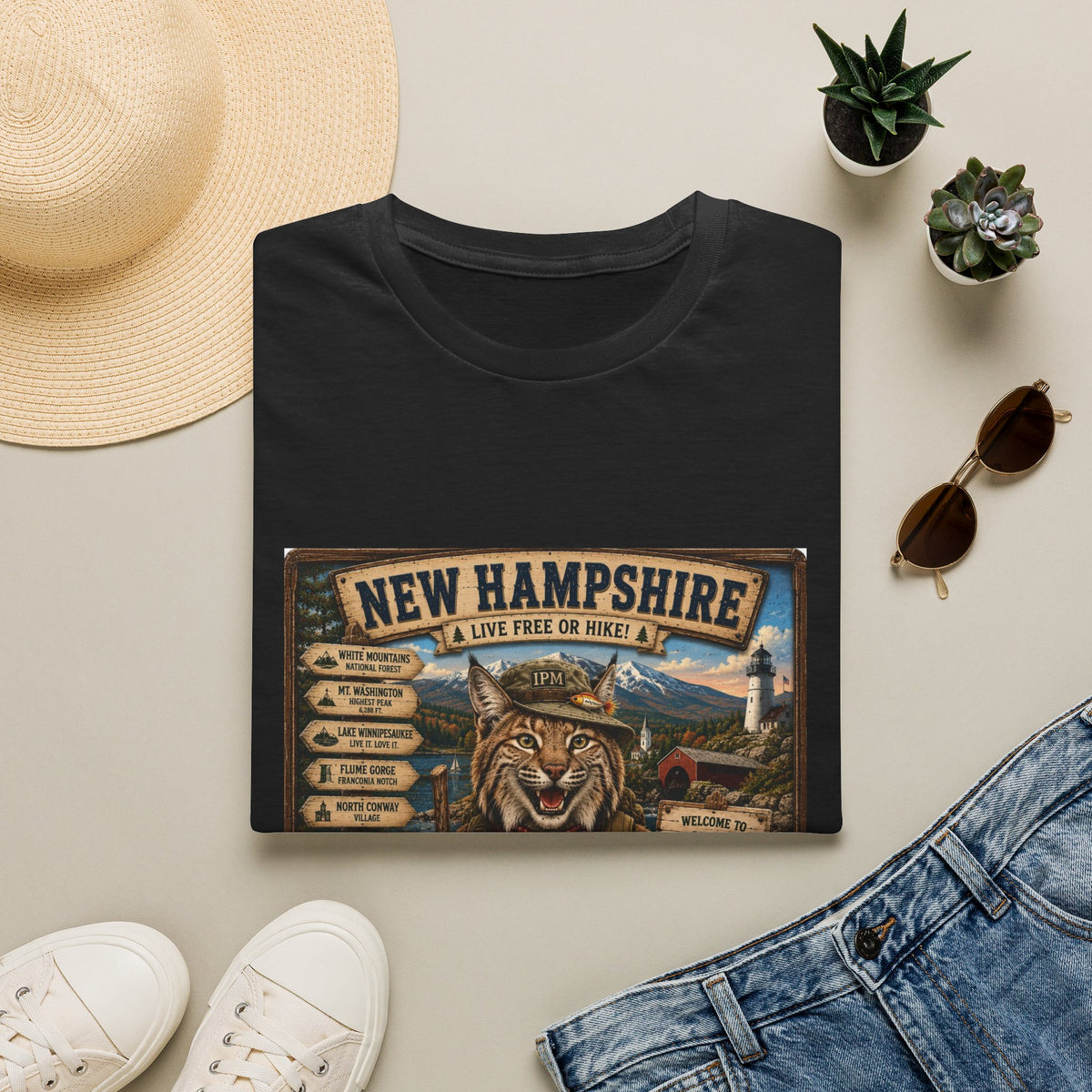 New Hampshire T-Shirt — 'Live Free or Hike' Vintage Mountain Bobcat Design