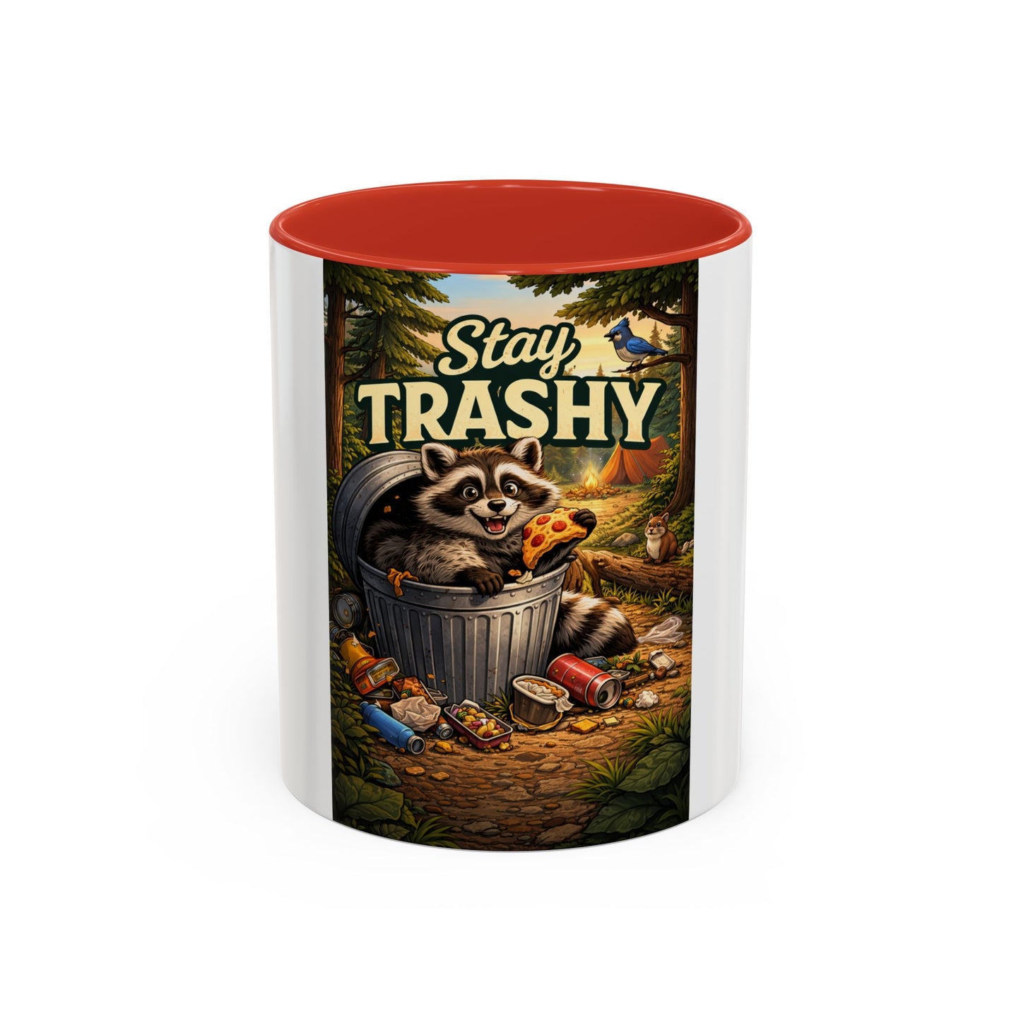 Stay Trashy Coffee Mug — Funny Raccoon Trash Can Design, Novelty Gift for Friends & Family