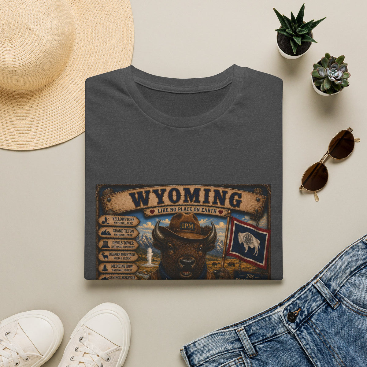 Wyoming Buffalo Vintage Graphic T‑Shirt — 'Wyoming: Like No Place on Earth' State Pride
