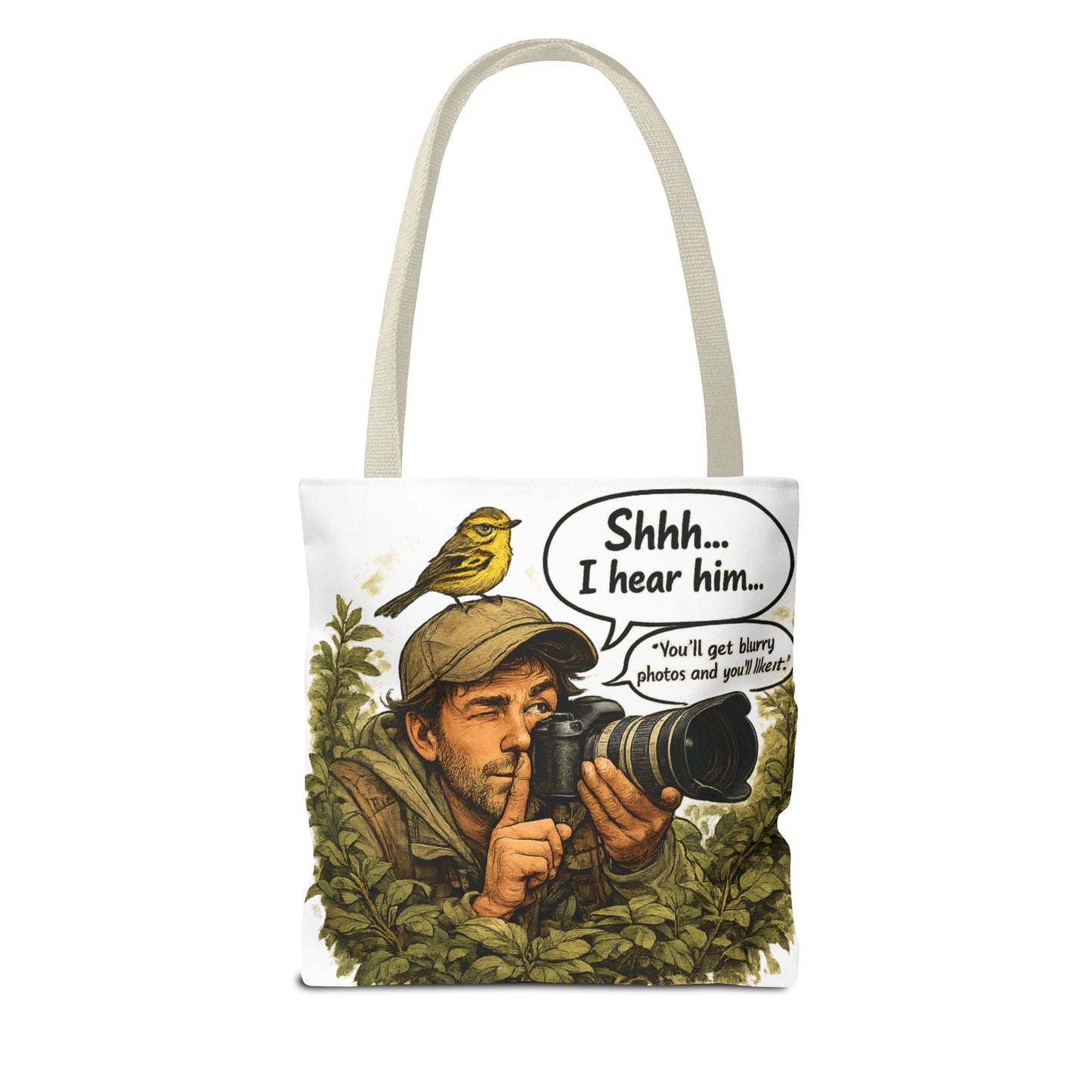 Wildlife Photographer Tote Bag – "Shhh... I hear him" Birdwatching Camera Print