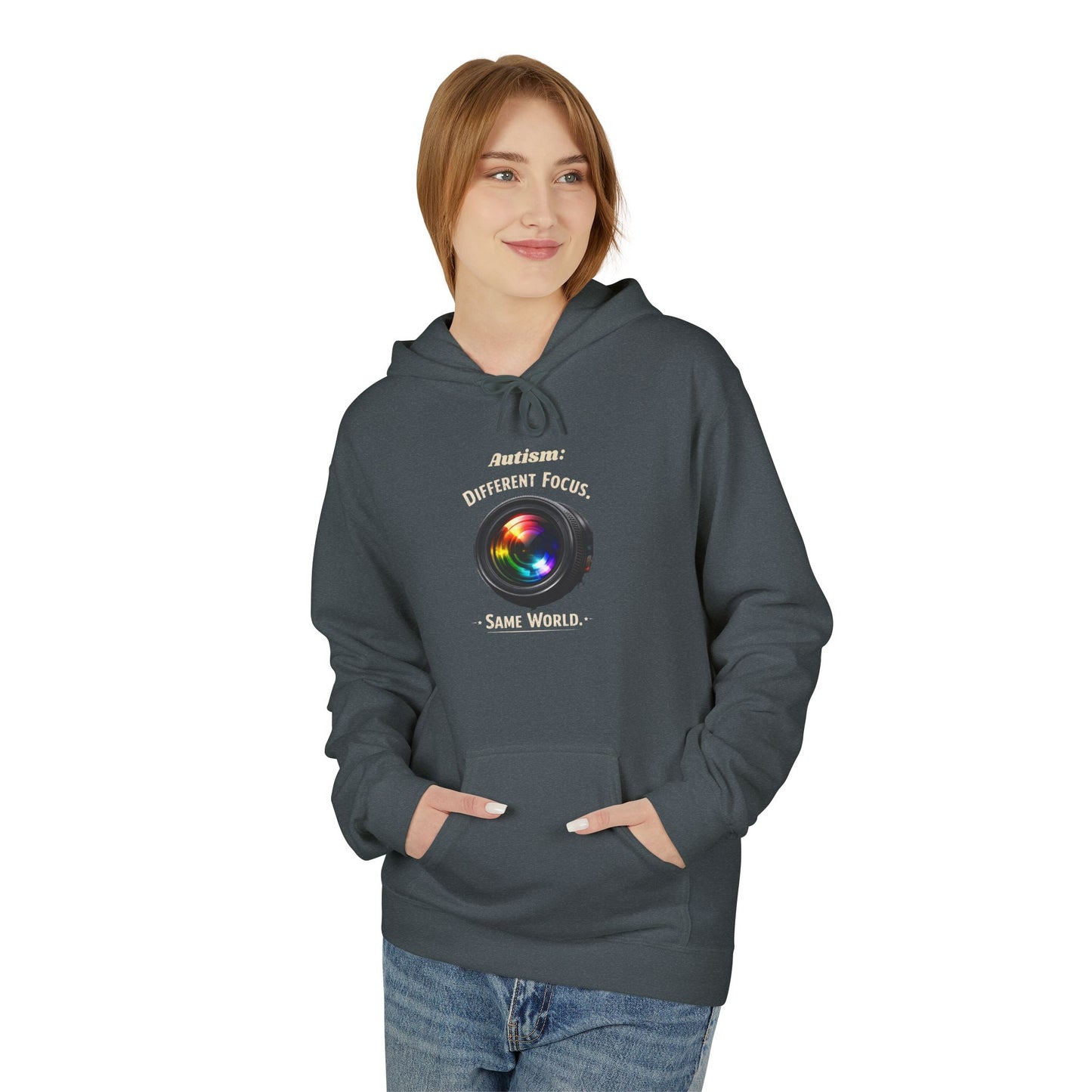 Hoodie — 'Different Not Less, Same World' Rainbow Eye Graphic