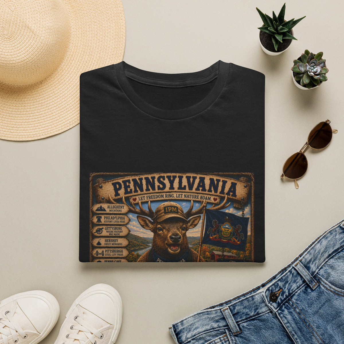 Pennsylvania Deer Vintage State Sign T-Shirt — Rustic Hunting & Outdoors Souvenir