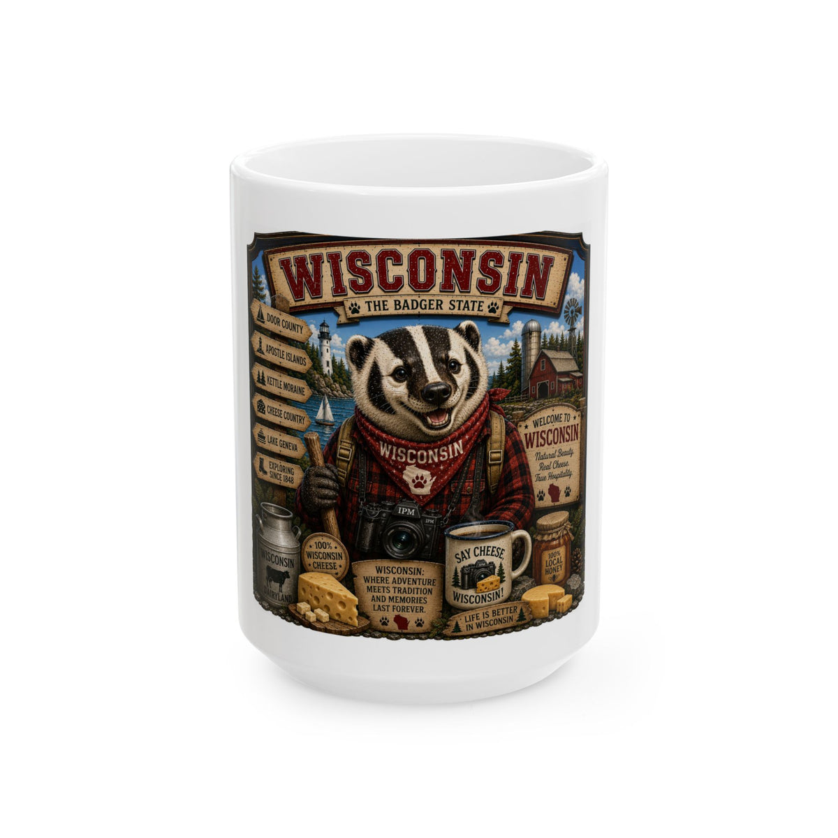 Wisconsin Badger State Ceramic Mug — Vintage Travel Poster Design (11oz & 15oz)