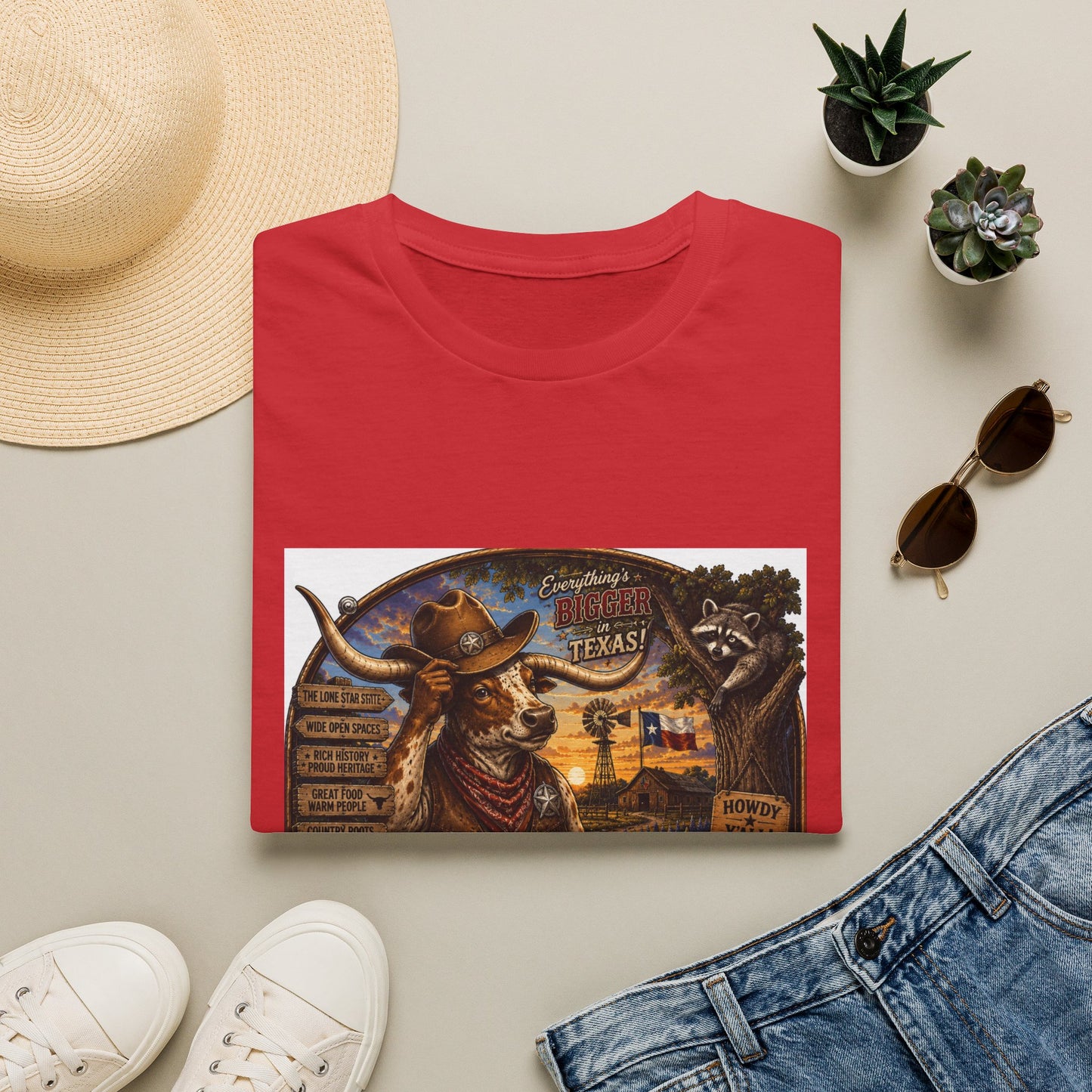 Texas Retro Cowboy T-Shirt — Vintage Longhorn & Raccoon Road Sign Design