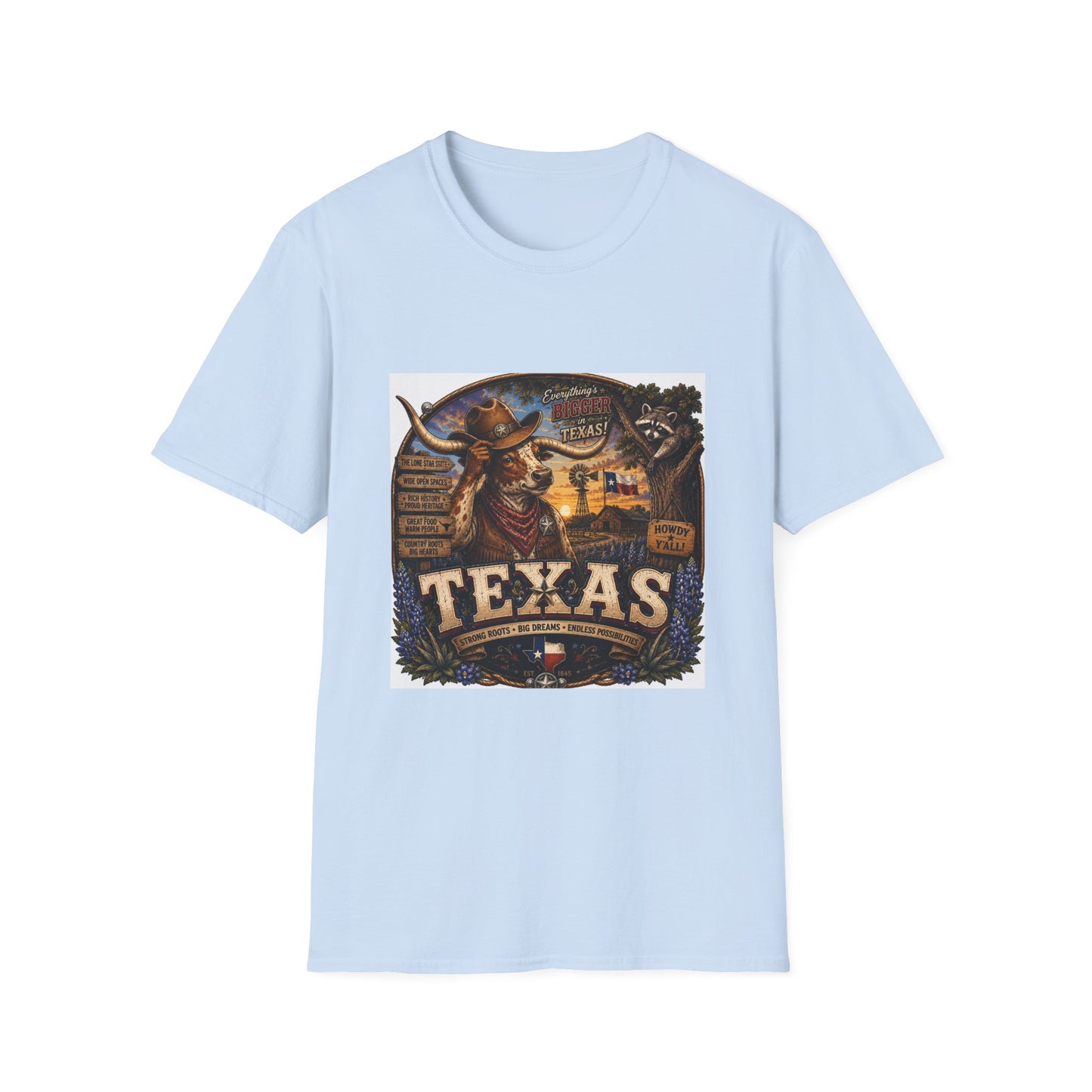 Texas Retro Cowboy T-Shirt — Vintage Longhorn & Raccoon Road Sign Design