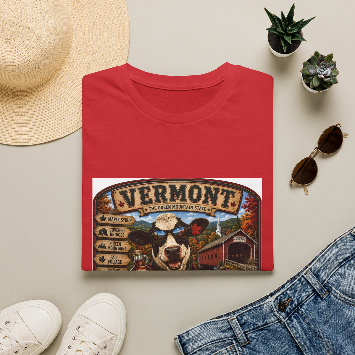 Vermont Vintage Travel T‑Shirt — Retro State Sign & Cow Design