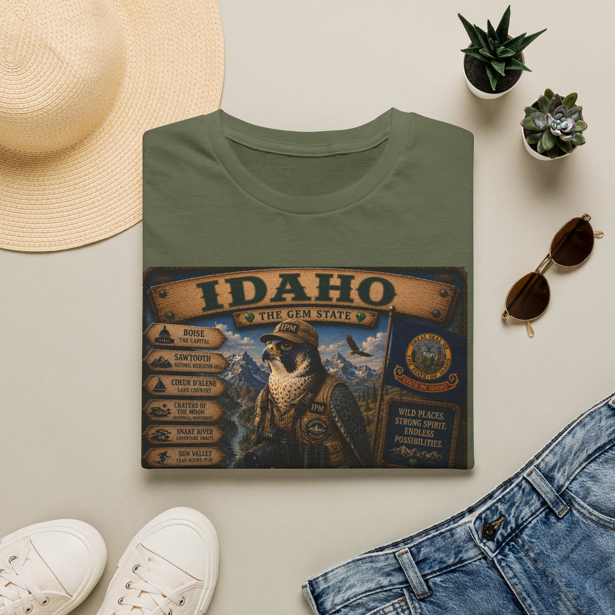 Idaho State Vintage Wildlife T-Shirt — 'The Gem State' Mountain & Wolf Graphic