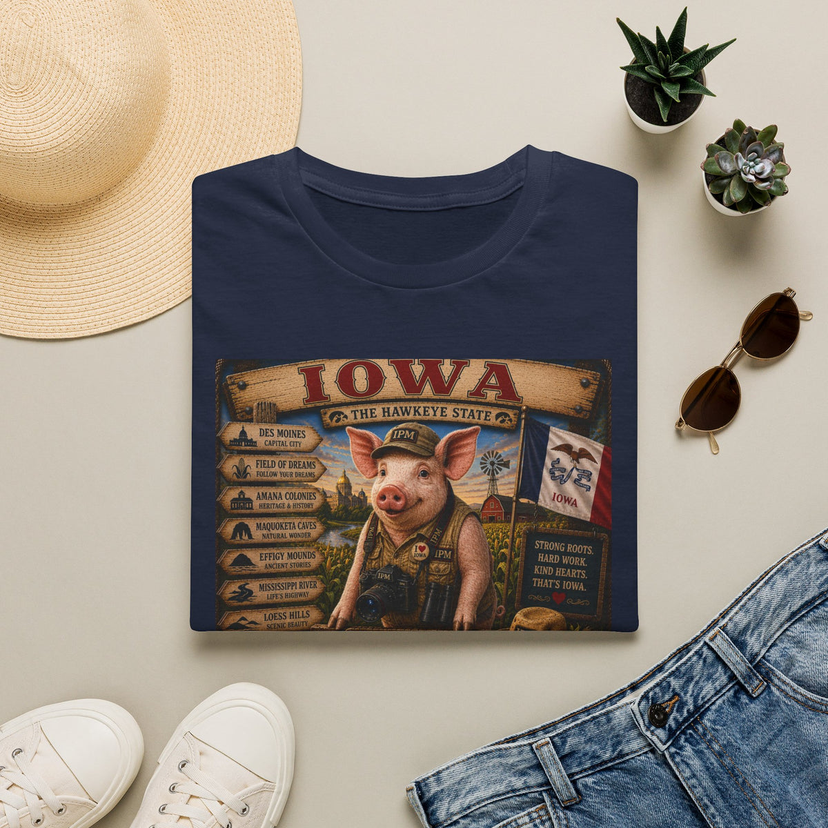 Iowa Pig State Map T-Shirt — Hawkeye State Travel Souvenir Tee