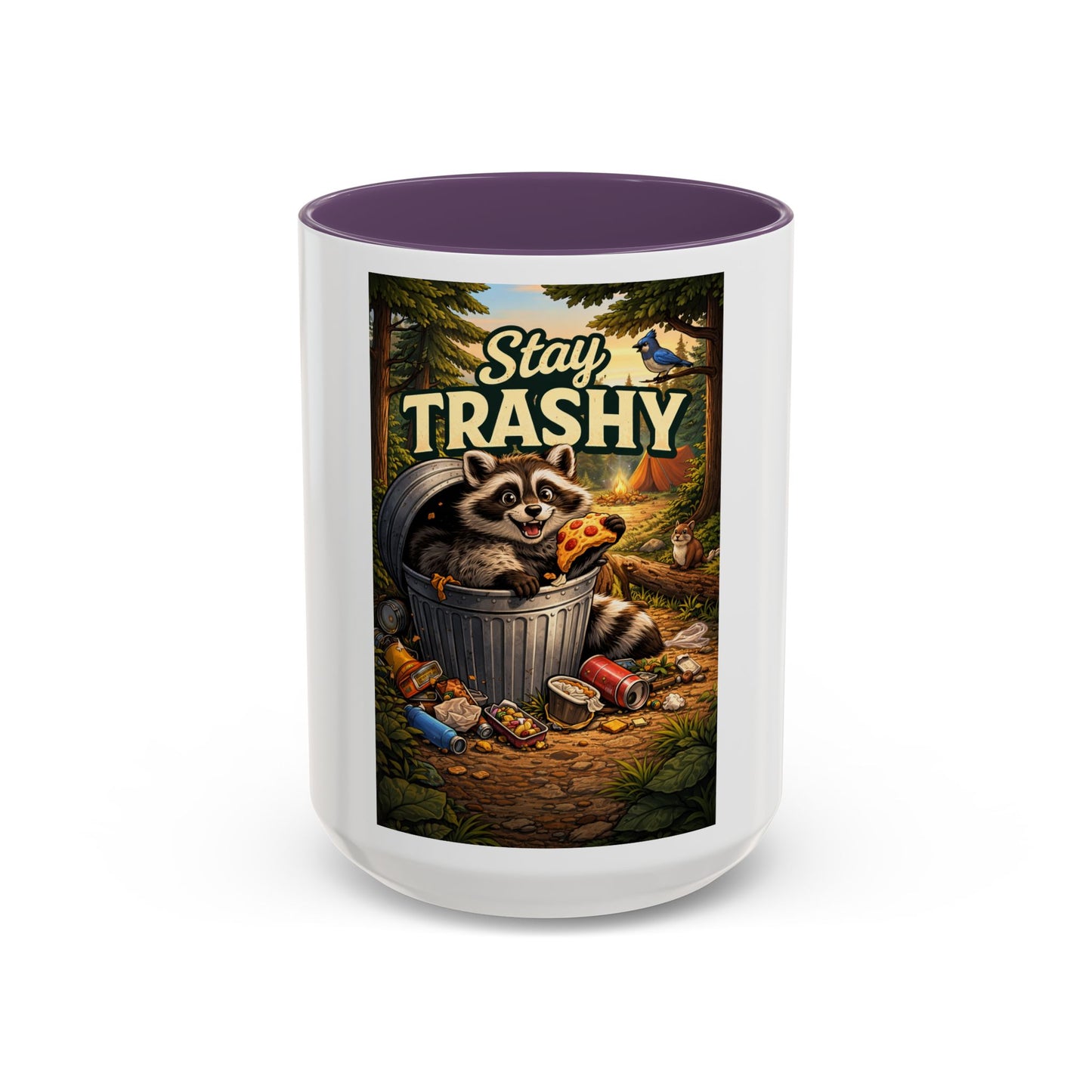 Stay Trashy Coffee Mug — Funny Raccoon Trash Can Design, Novelty Gift for Friends & Family