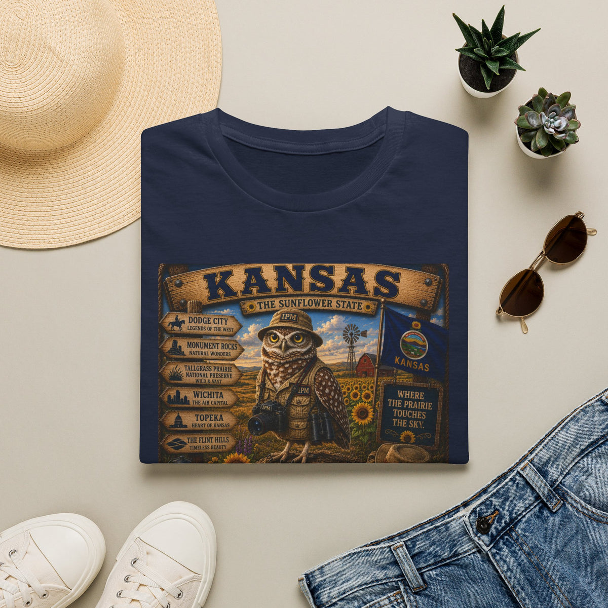 Kansas Vintage State Map T‑Shirt — Sunflower State Owl Design