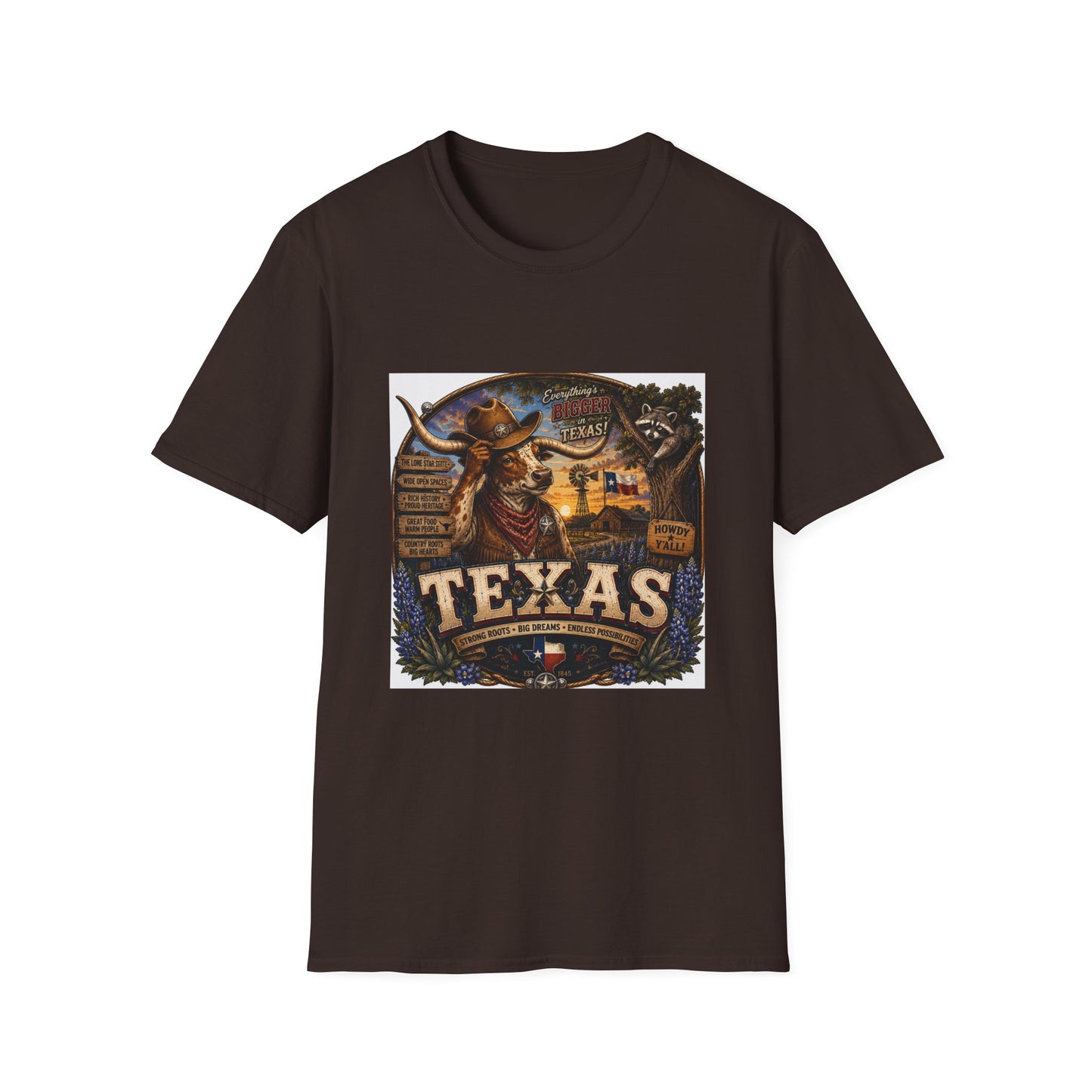 Texas Retro Cowboy T-Shirt — Vintage Longhorn & Raccoon Road Sign Design