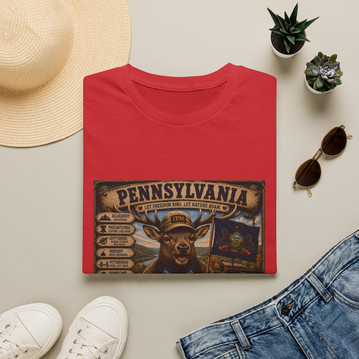 Pennsylvania Deer Vintage State Sign T-Shirt — Rustic Hunting & Outdoors Souvenir