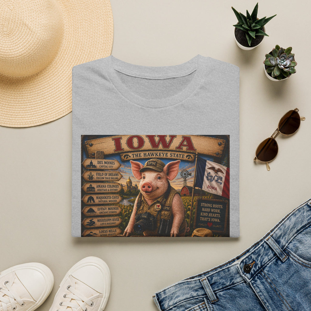 Iowa Pig State Map T-Shirt — Hawkeye State Travel Souvenir Tee