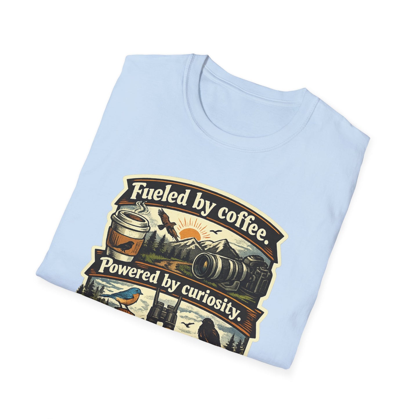 Birdwatcher Graphic T-Shirt — "Fueled by Coffee. Powered by Curiosity. Braking for Birds."