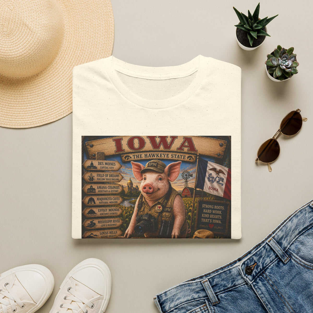 Iowa Pig State Map T-Shirt — Hawkeye State Travel Souvenir Tee