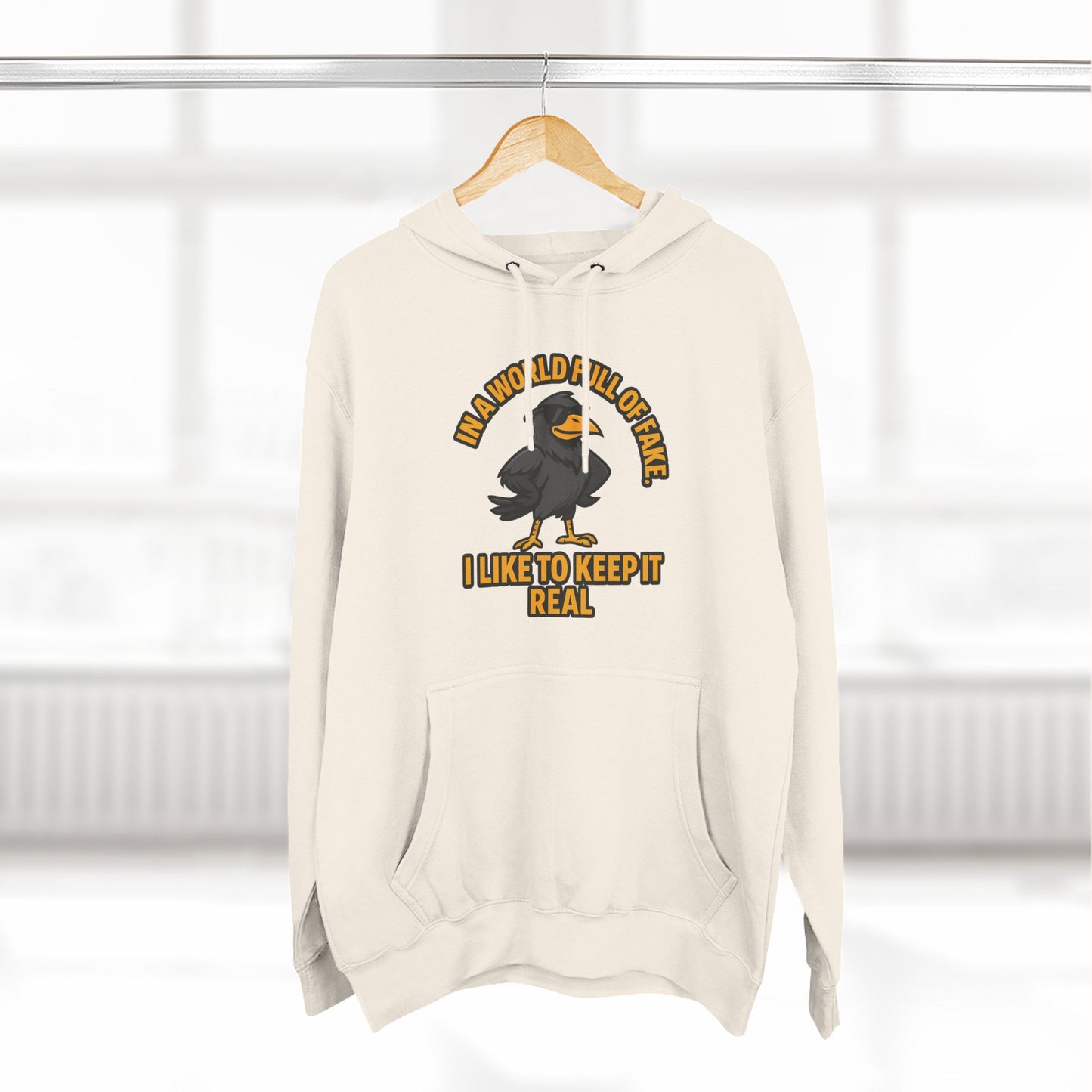 Three-Panel Hoodie — Funny Ostrich "I Like to Keep It Real" Graphic