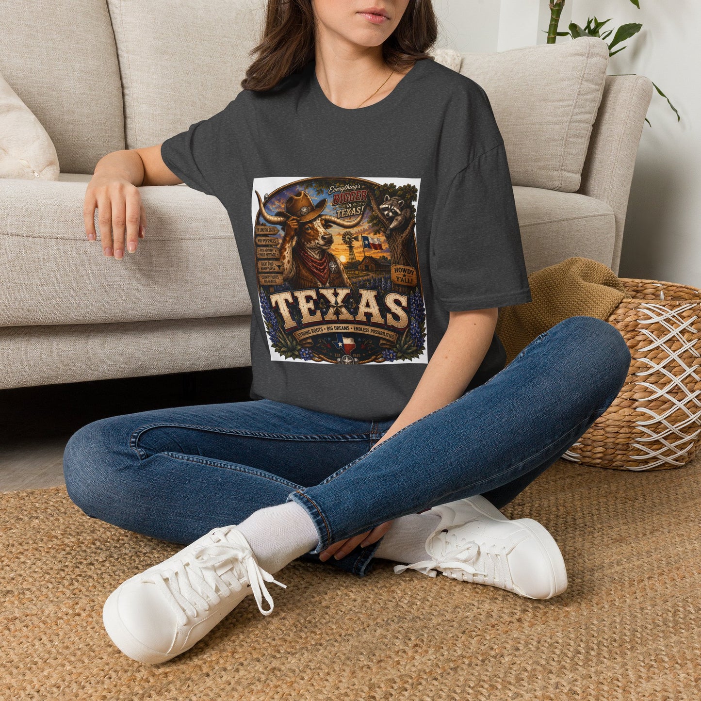 Texas Retro Cowboy T-Shirt — Vintage Longhorn & Raccoon Road Sign Design