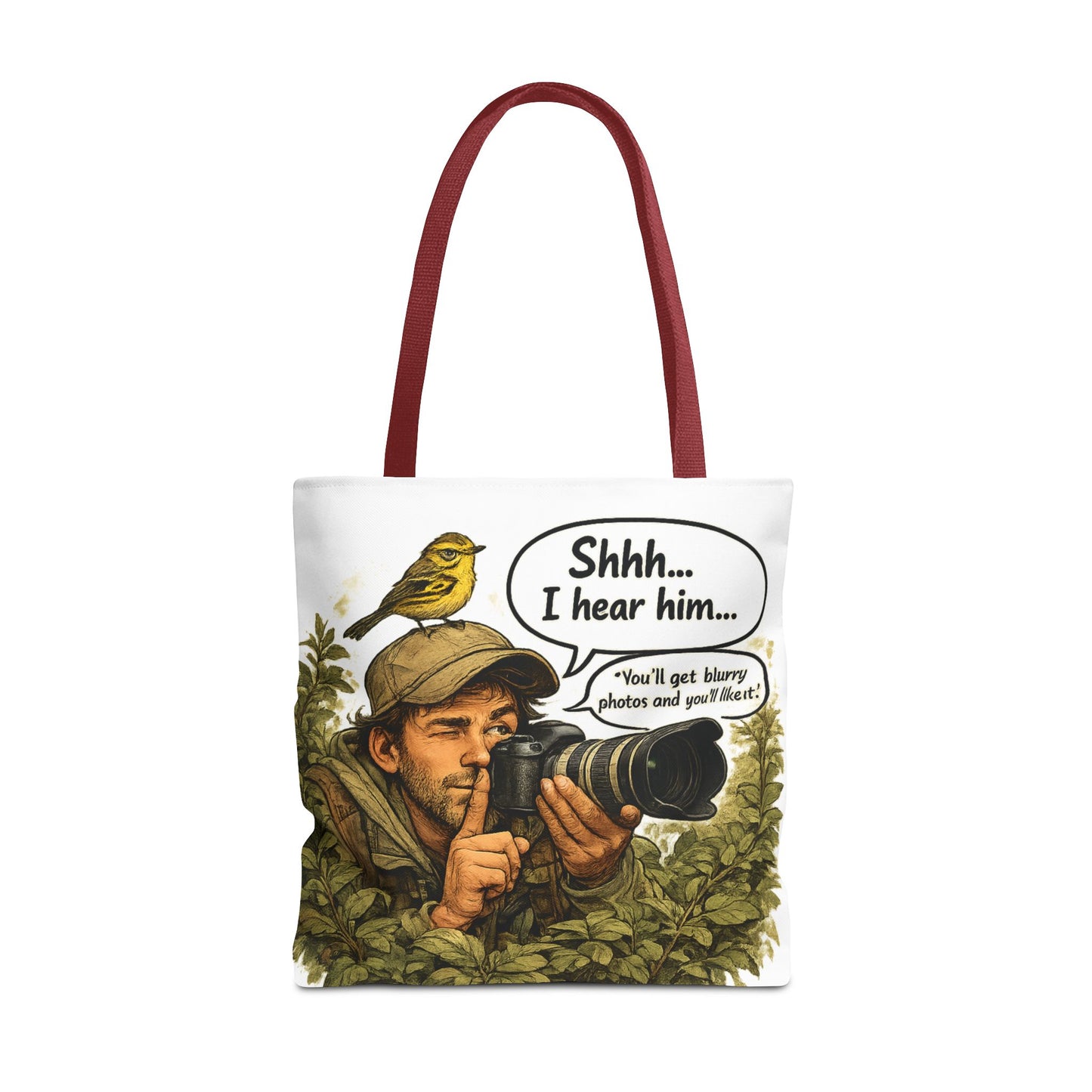 Wildlife Photographer Tote Bag – "Shhh... I hear him" Birdwatching Camera Print