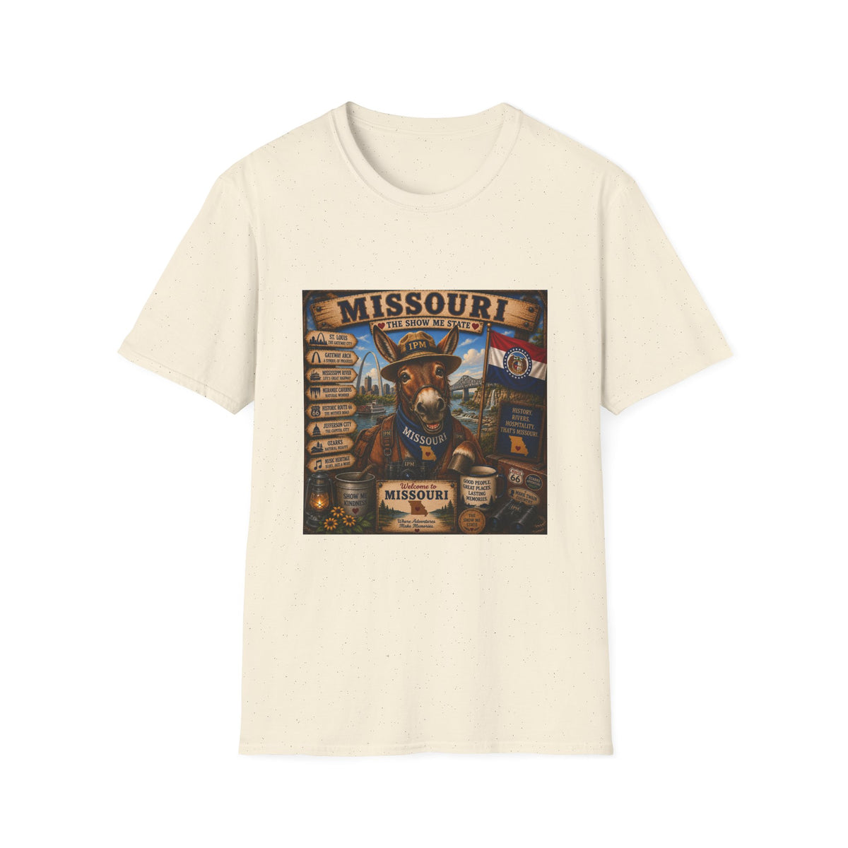 Missouri Vintage Donkey T-Shirt — State Map, Landmarks & Flag Graphic