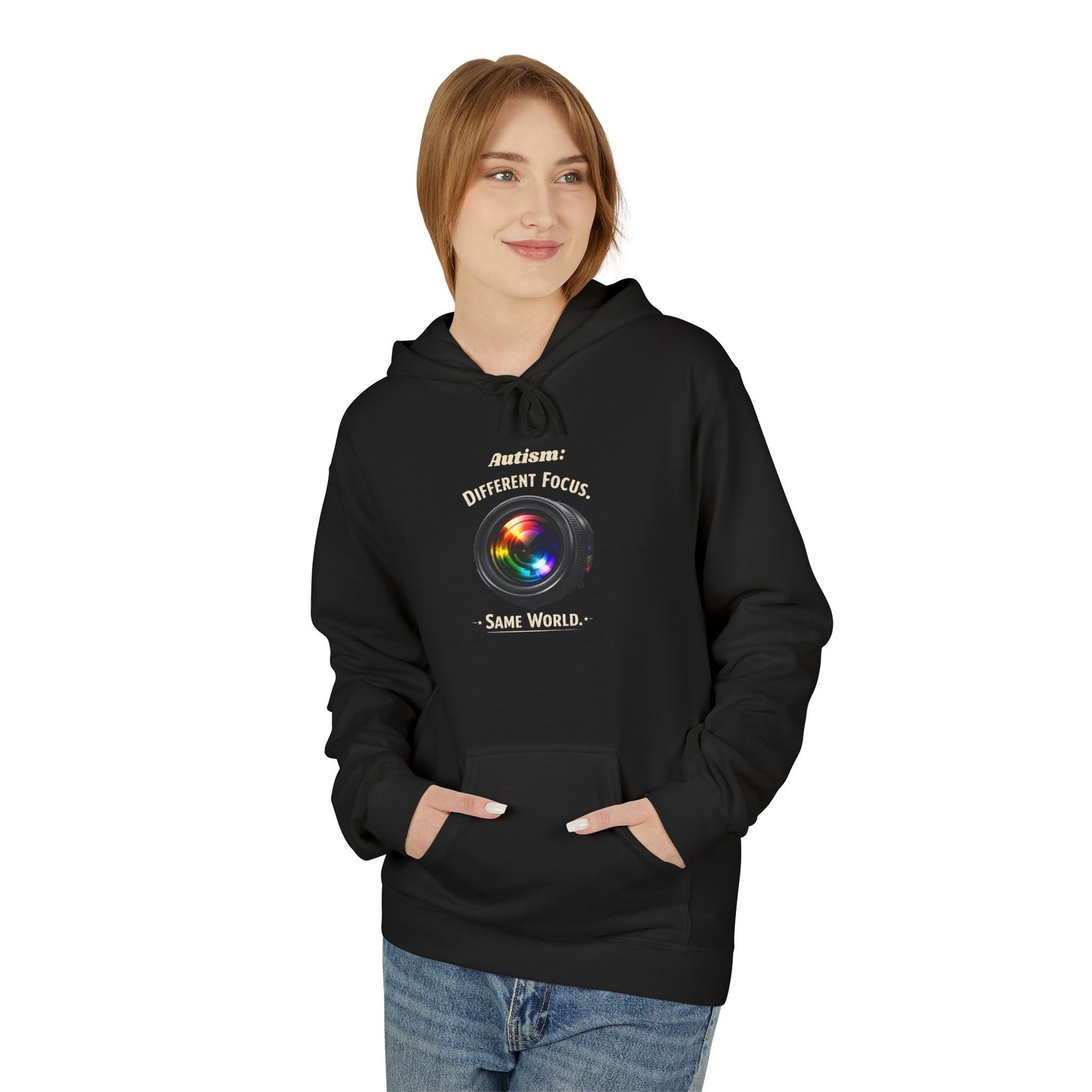 Hoodie — 'Different Not Less, Same World' Rainbow Eye Graphic
