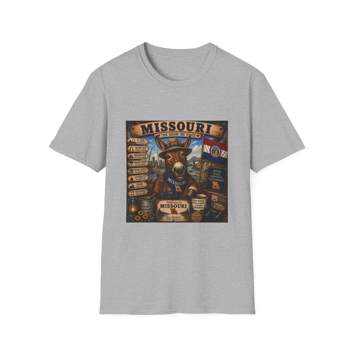 Missouri Vintage Donkey T-Shirt — State Map, Landmarks & Flag Graphic