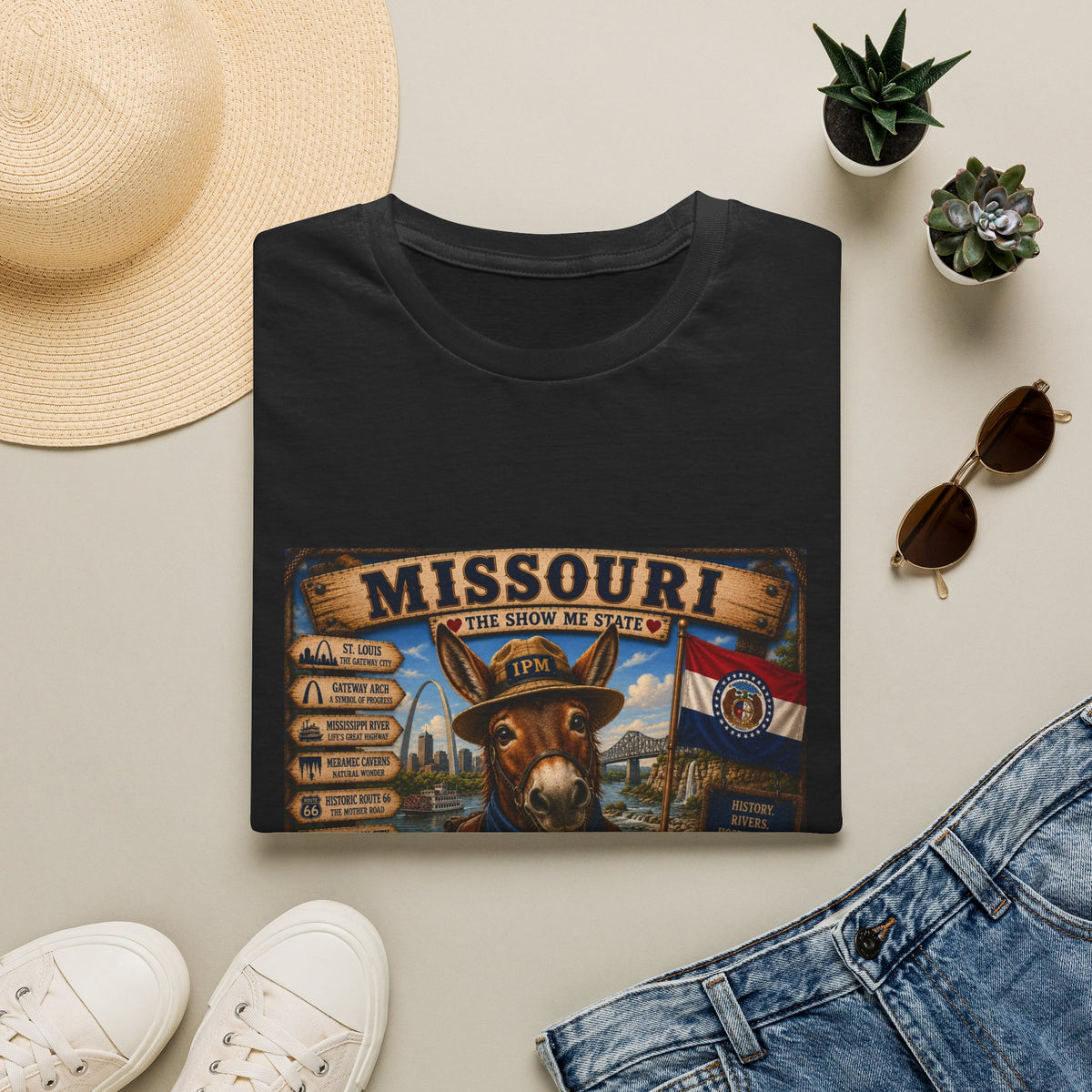 Missouri Vintage Donkey T-Shirt — State Map, Landmarks & Flag Graphic
