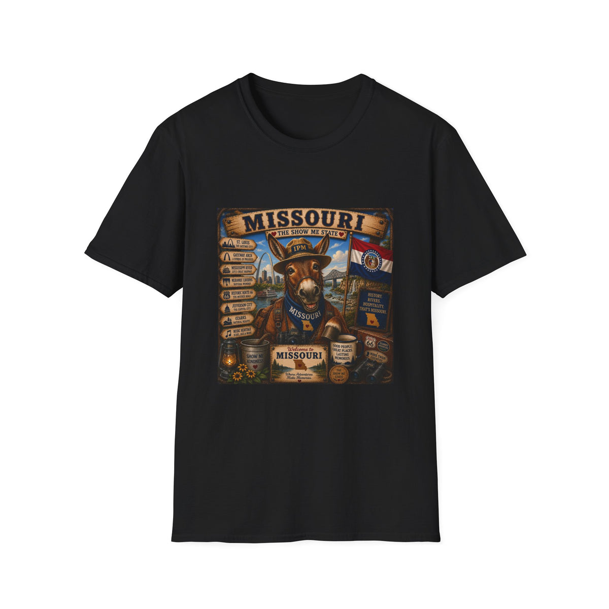 Missouri Vintage Donkey T-Shirt — State Map, Landmarks & Flag Graphic