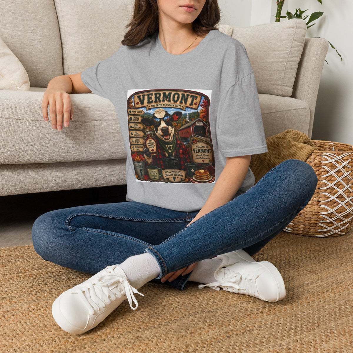 Vermont Vintage Travel T‑Shirt — Retro State Sign & Cow Design