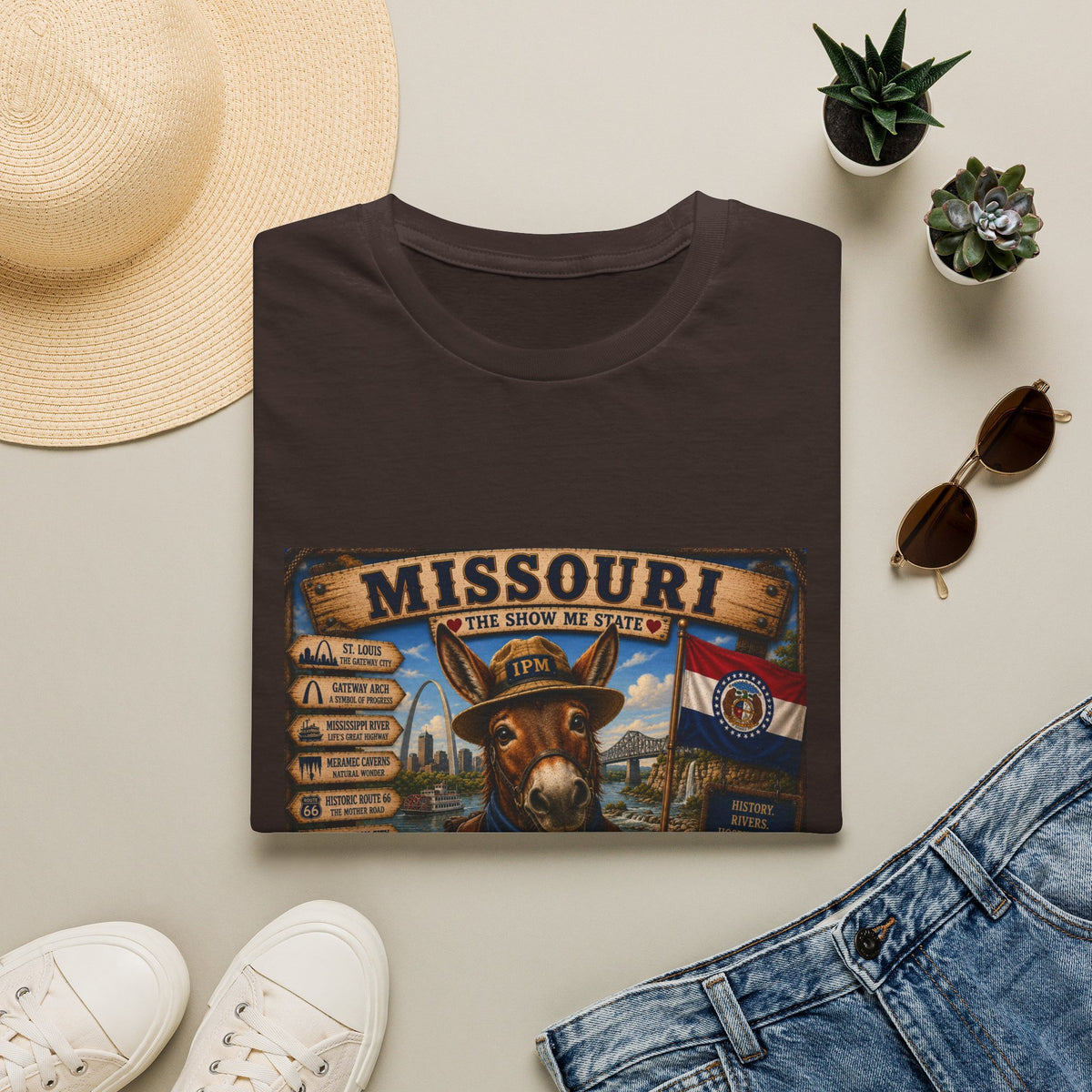 Missouri Vintage Donkey T-Shirt — State Map, Landmarks & Flag Graphic