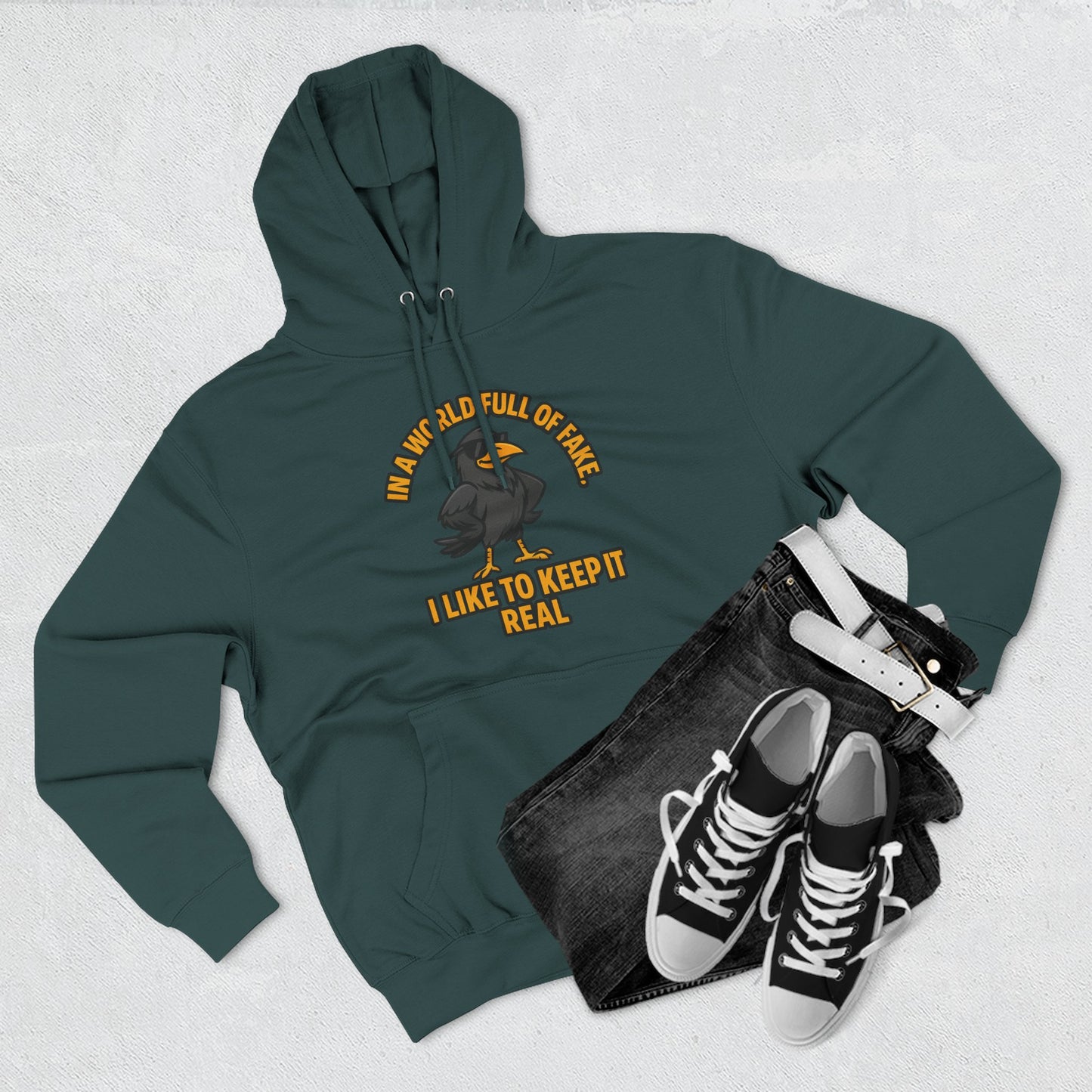 Three-Panel Hoodie — Funny Ostrich "I Like to Keep It Real" Graphic