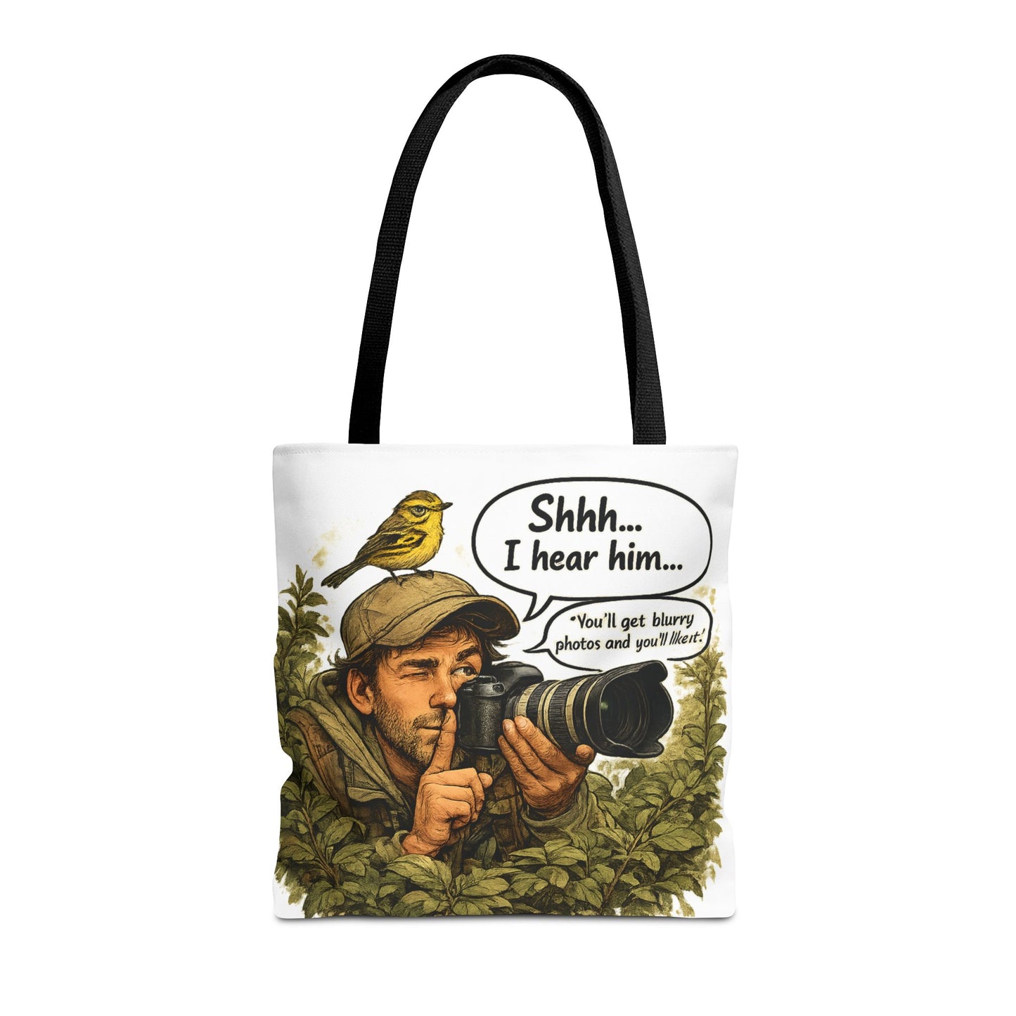 Wildlife Photographer Tote Bag – "Shhh... I hear him" Birdwatching Camera Print