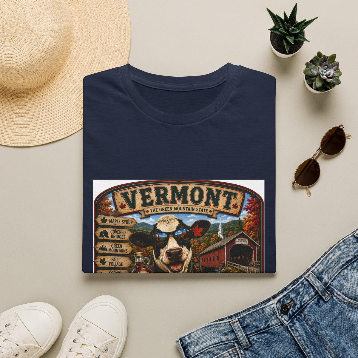 Vermont Vintage Travel T‑Shirt — Retro State Sign & Cow Design