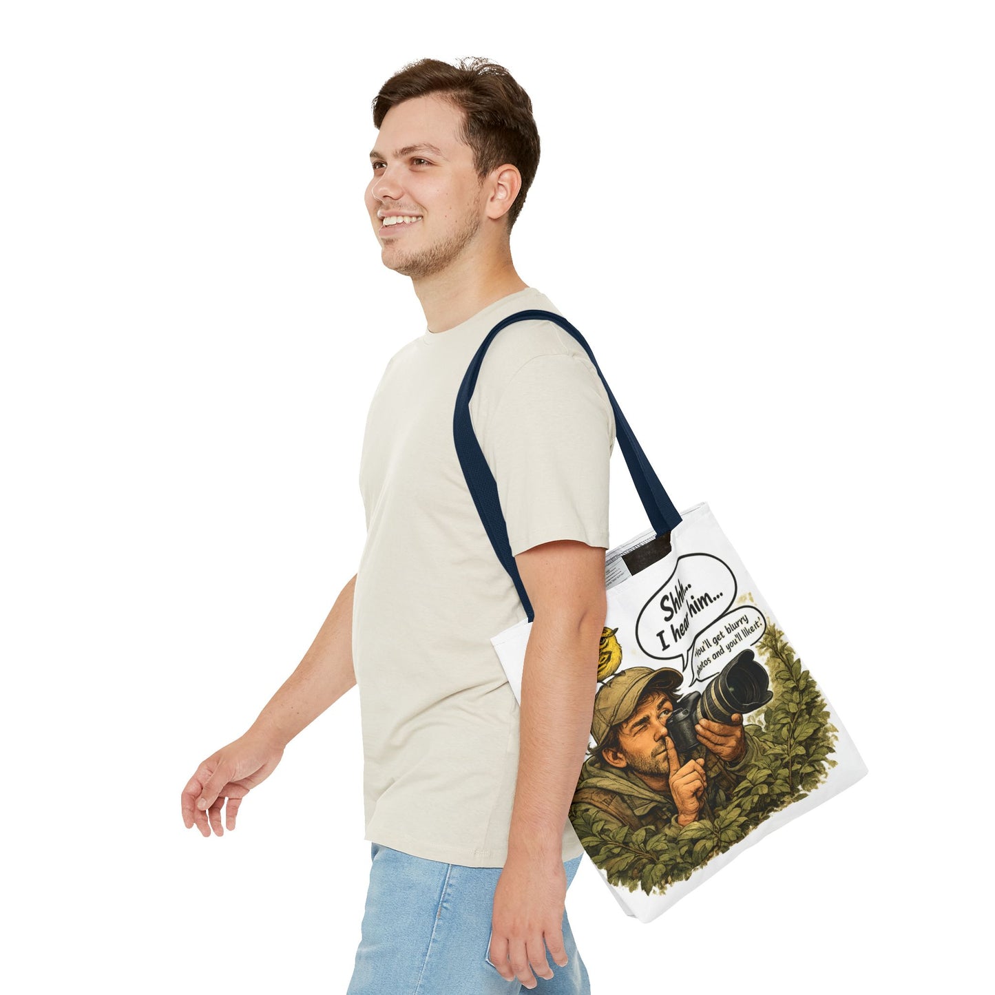 Wildlife Photographer Tote Bag – "Shhh... I hear him" Birdwatching Camera Print