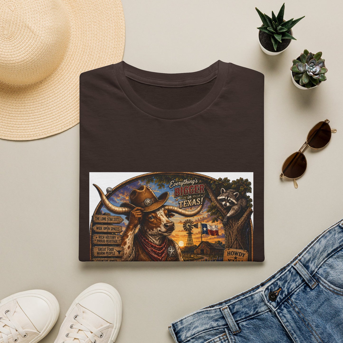 Texas Retro Cowboy T-Shirt — Vintage Longhorn & Raccoon Road Sign Design