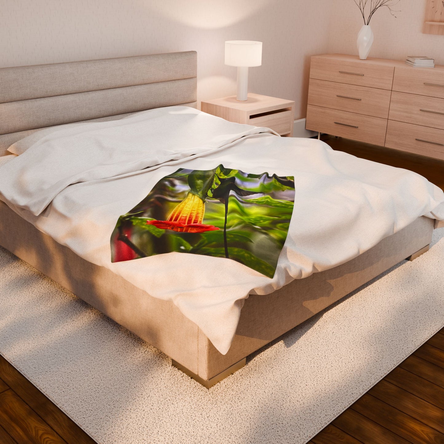 Hummingbird & Trumpet Flower Velveteen Plush Blanket — Soft Nature Throw