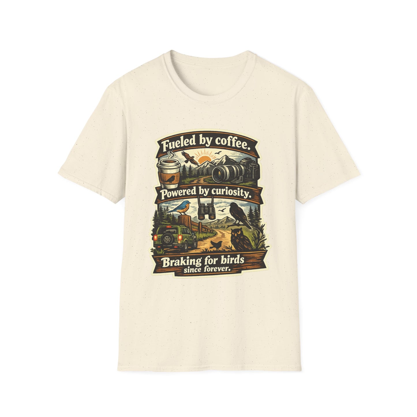 Birdwatcher Graphic T-Shirt — "Fueled by Coffee. Powered by Curiosity. Braking for Birds."