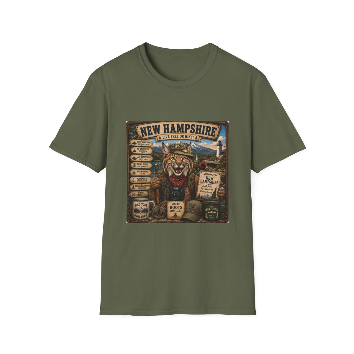 New Hampshire T-Shirt — 'Live Free or Hike' Vintage Mountain Bobcat Design
