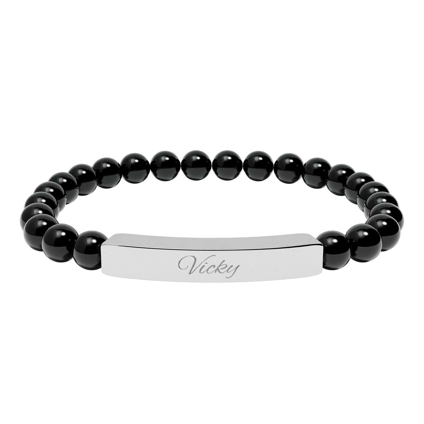Engravable Natural Stone Bar Bracelet — Stretch Beaded Personalized Jewelry