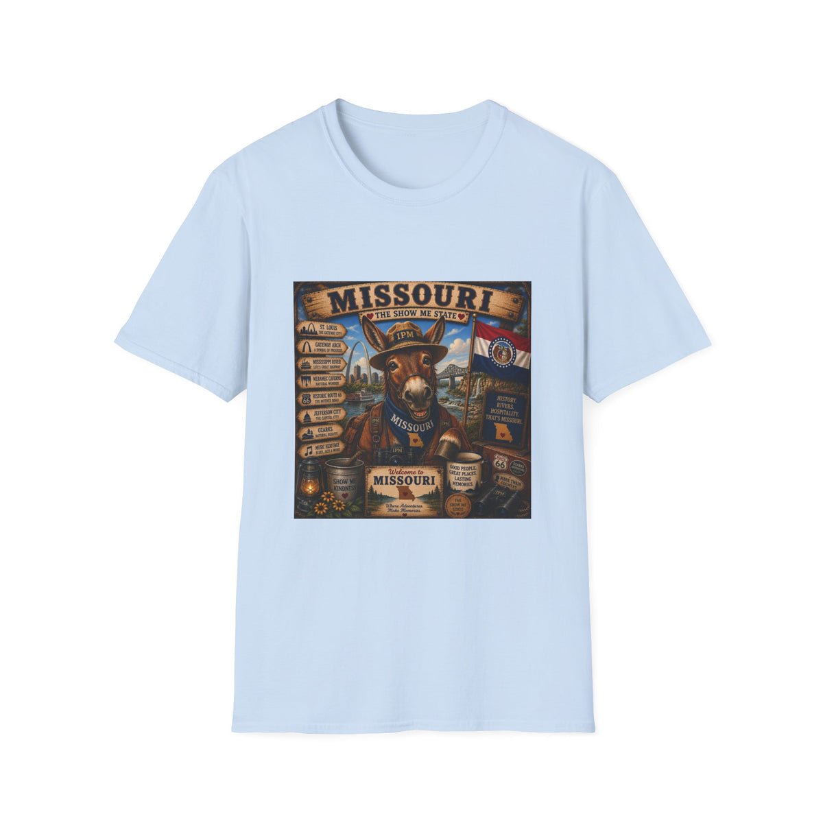 Missouri Vintage Donkey T-Shirt — State Map, Landmarks & Flag Graphic