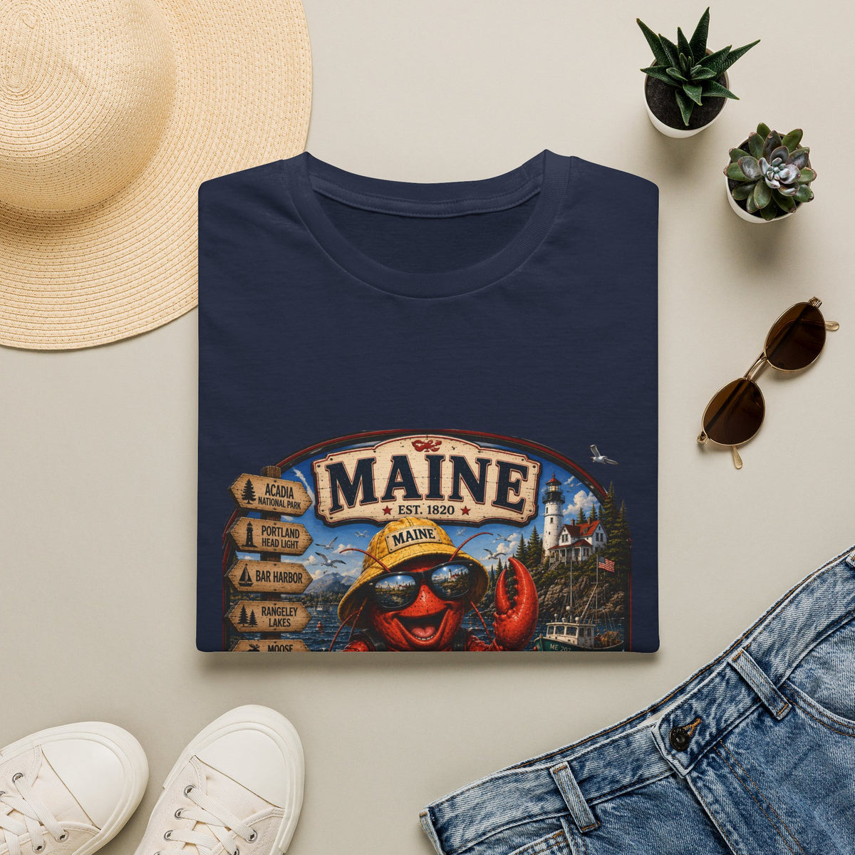Maine Lobster Souvenir T-Shirt — Vintage Coastal Travel Design
