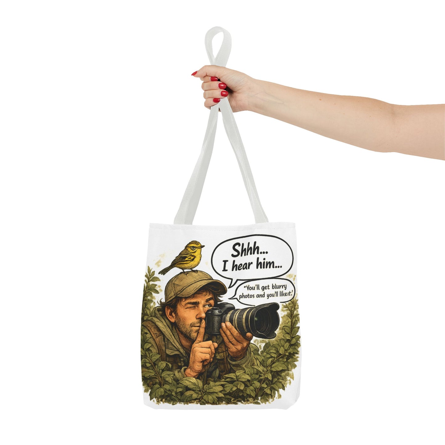 Wildlife Photographer Tote Bag – "Shhh... I hear him" Birdwatching Camera Print