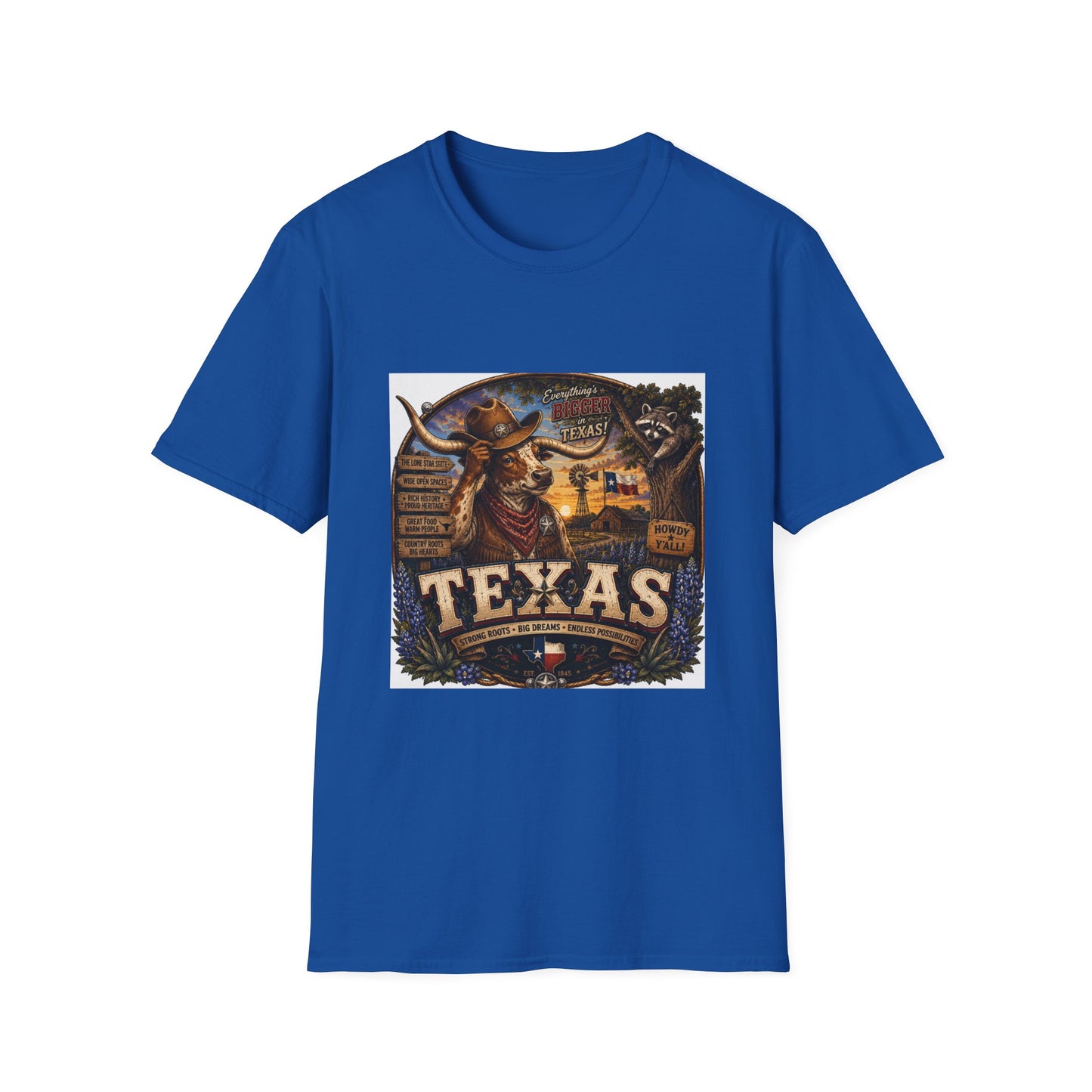 Texas Retro Cowboy T-Shirt — Vintage Longhorn & Raccoon Road Sign Design