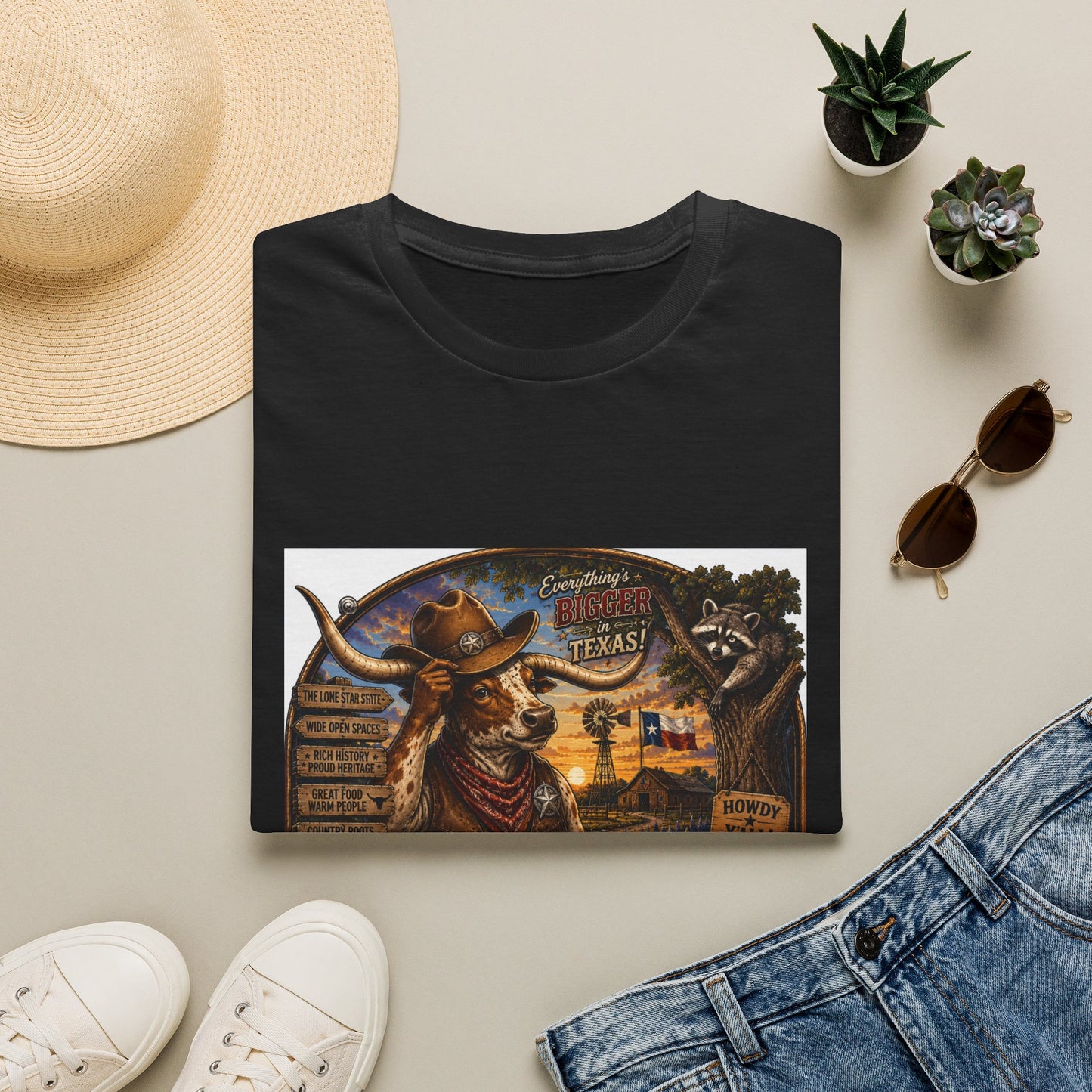 Texas Retro Cowboy T-Shirt — Vintage Longhorn & Raccoon Road Sign Design